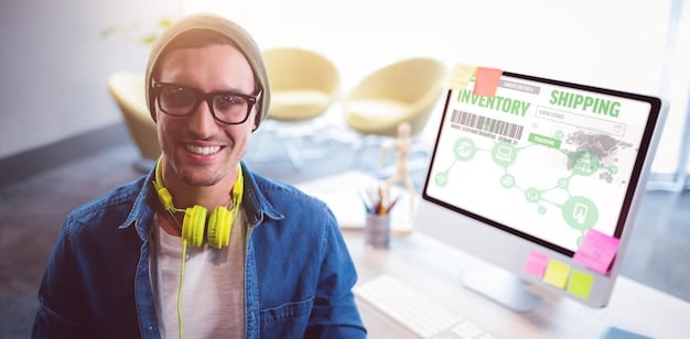 A split-screen image showing, on one side, an e-commerce business happily processing orders, and on the other, a concerned business owner looking at a shipping cost invoice.