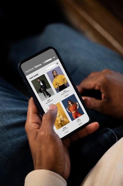 An eye-level shot of a person's hands holding a smartphone with a mobile e-commerce app open. The app displays a product page with high-quality images, detailed descriptions, customer reviews, and a prominent 'Add to Cart' button, showcasing the key elements of an effective mobile shopping interface.