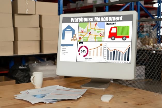 A graphical representation of inventory management software, showing optimized stock levels, demand forecasting, and real-time inventory tracking. The image highlights efficient warehouse operations.