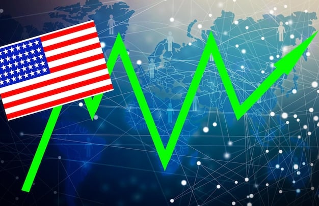 A graphical representation of a trade agreement between the US and another country, depicted as two hands shaking across a globe, overlaid with digital interfaces showing data streams and e-commerce platforms. The background includes silhouettes of factories and container ships, representing the movement of goods.