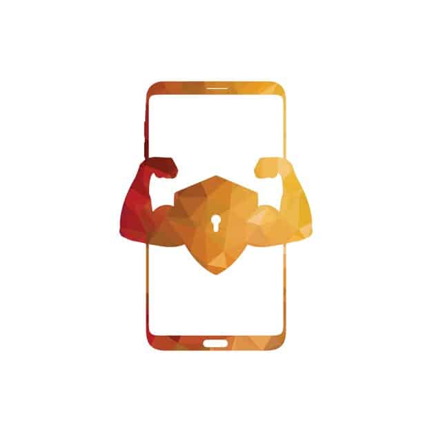 An icon depicting a shield with a lock inside, overlaid on a smartphone screen. The screen displays blurred lines of code, suggesting enhanced data encryption and privacy features in a mobile environment.