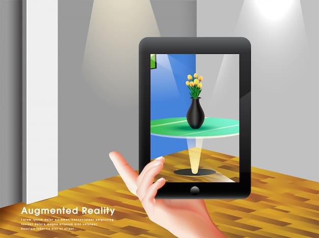 A smartphone displaying an AR application where a 3D model of a sofa is superimposed on a real-world living room. The scene is bright and inviting, showcasing the potential of AR to visualize products in a home environment.