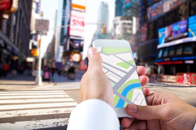 A map of a US city with several pins indicating local businesses, and a smartphone displaying a Google My Business profile.
