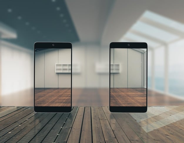 A split-screen showing a real-life living room on one side and an augmented reality overlay of a new sofa in the same space on the other side of a mobile phone screen.