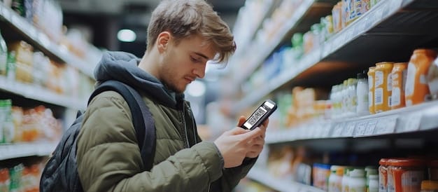 A customer using a mobile app in a physical store to scan a product's QR code and access additional information and reviews, highlighting the integration between online and offline shopping experiences.