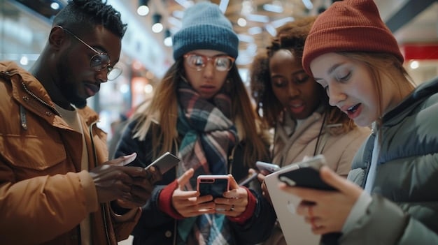 A diverse group of people looking at their smartphones, each displaying different shopping apps. Overlaid on the image are digital icons representing data privacy, such as locks, shields, and GDPR compliance badges. The setting is a modern, bustling city street.