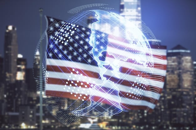 A split-screen image showing the US flag on one side and the EU flag on the other, connected by a data stream graphic, symbolizing the intersection of US and EU data privacy regulations.
