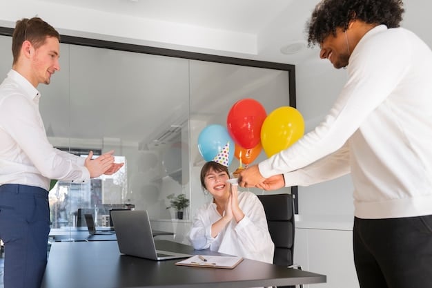 A manager giving an employee a certificate of appreciation during a team meeting. The atmosphere is celebratory, with balloons and smiling colleagues in the background.