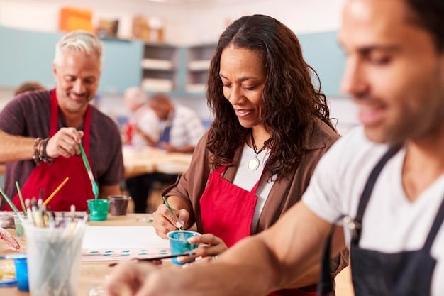 A diverse group of small business owners participating in a workshop. The setting is a modern classroom, with a presenter leading the session on a whiteboard. Participants are actively engaged, taking notes and asking questions.