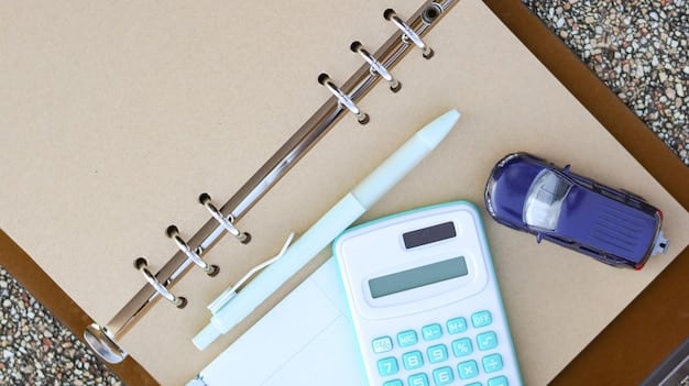 A professional-looking mileage log book on a car's dashboard, with a pen and a calculator nearby, highlighting the importance of accurate record-keeping for vehicle expense deductions.