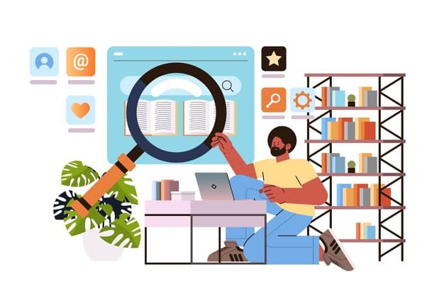 A digital illustration showcasing research being done on laptops, with magnifying glasses over patent documents. The scene should highlight the importance of thorough due diligence.