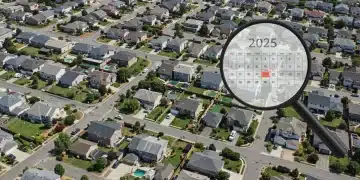 Suburban homes under a magnifying glass, symbolizing the 2025 inventory crunch and property search challenges.