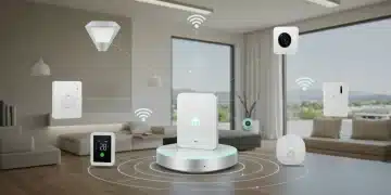 Modern smart home hub central to connected devices in a contemporary living room, highlighting 2025 technology.