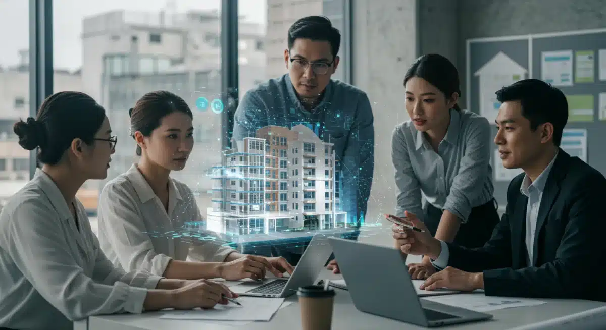 Real estate professionals analyzing holographic building data with AI tools
