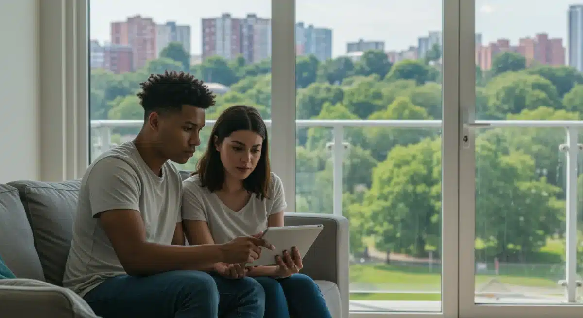 Couple discussing rental market data on a tablet in a modern apartment