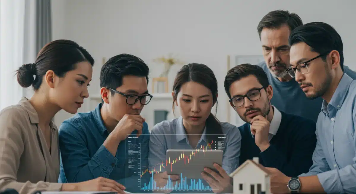 Buyers and sellers analyzing real estate market data on a tablet, discussing current home price trends.