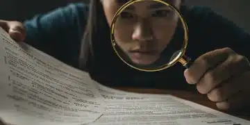 Concerned buyer examining real estate documents for authenticity