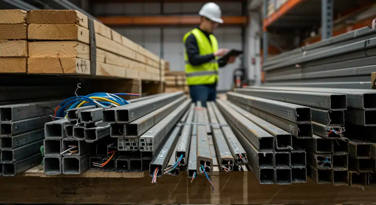Close-up of organized construction materials, including lumber, pipes, and wiring, in a warehouse setting.