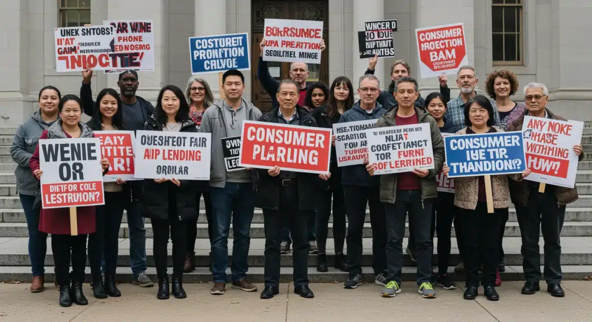 Community advocates protesting for stronger consumer protection laws against predatory lending