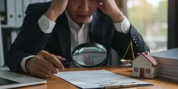 Frustrated consumer reviewing real estate contract for complaint filing
