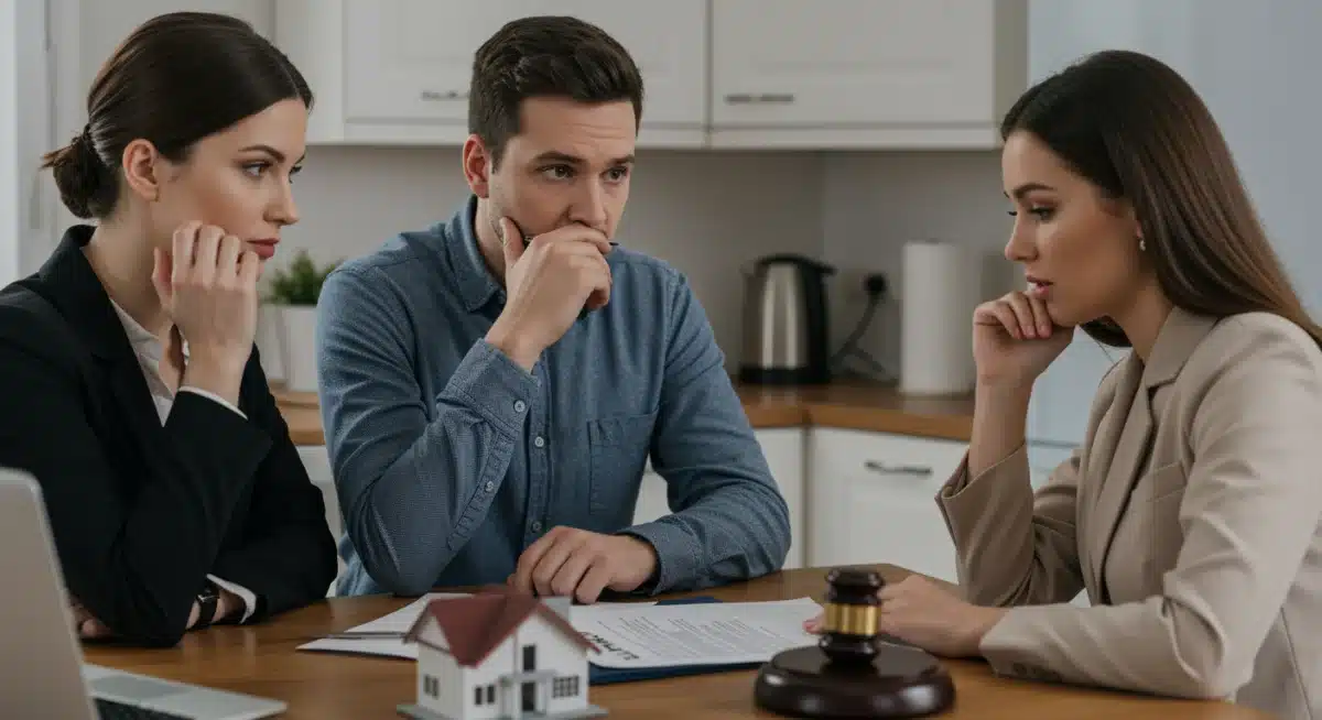 Couple reviewing complex real estate documents with an agent, highlighting the need for careful understanding.