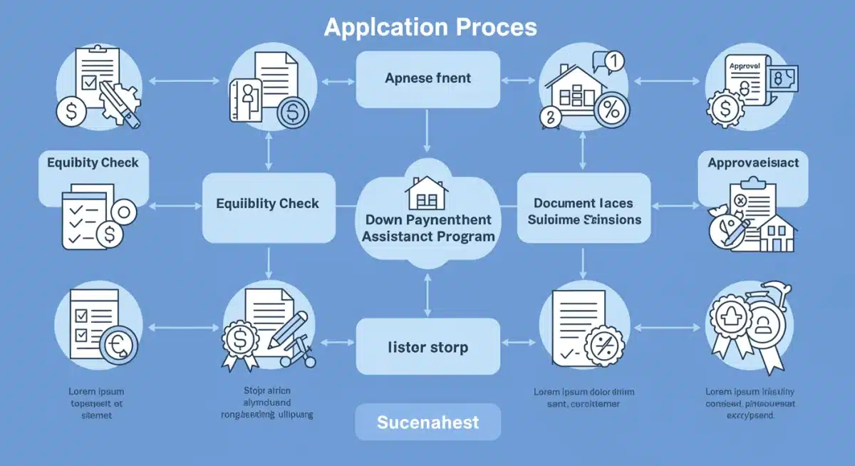 Infographic detailing the step-by-step application process for down payment assistance programs, illustrating forms, financial documents, and approval stages.