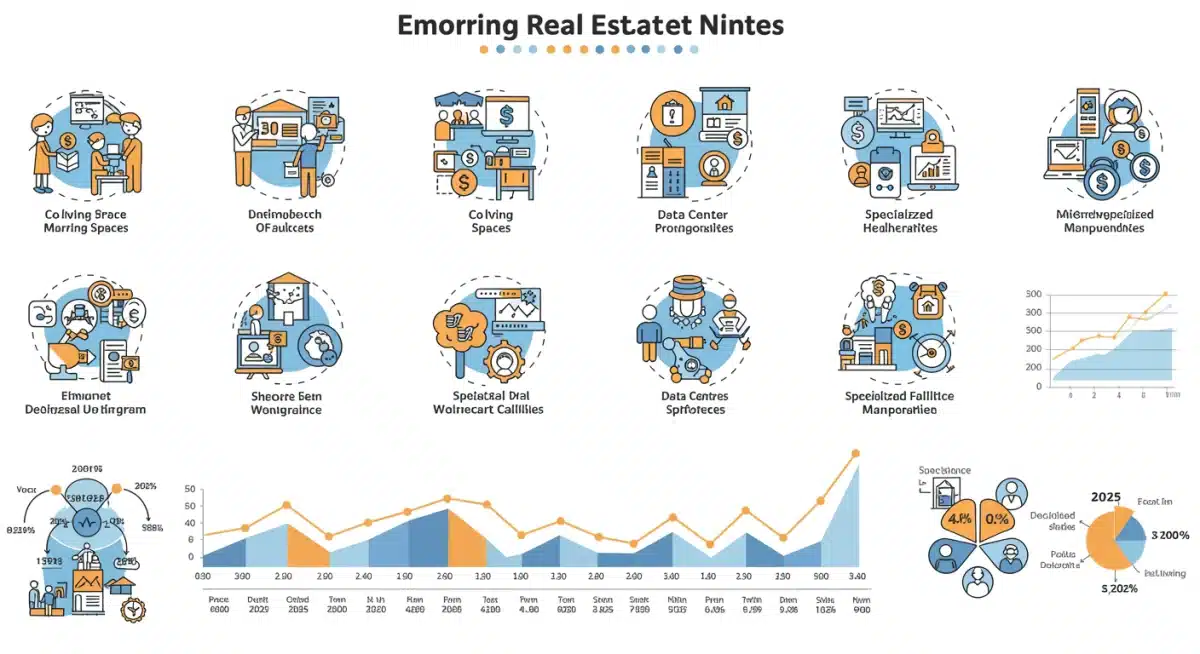 Infographic showing growth in co-living, data centers, and healthcare real estate niches for 2025 investments.