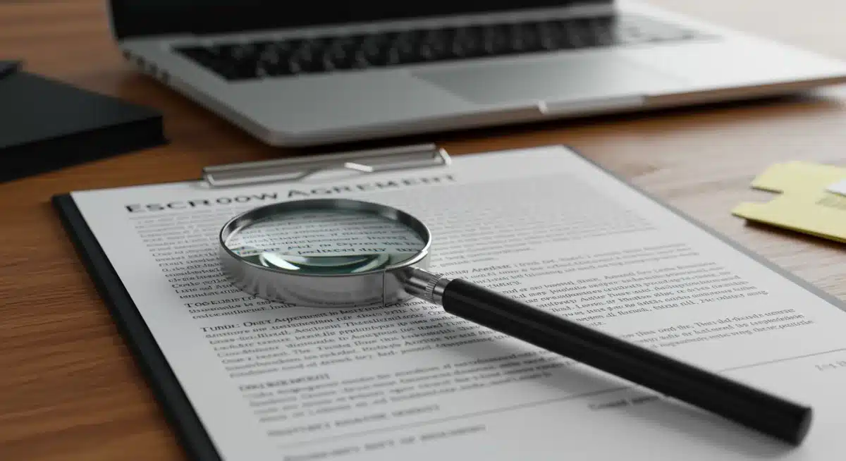 Magnifying glass over escrow agreement document