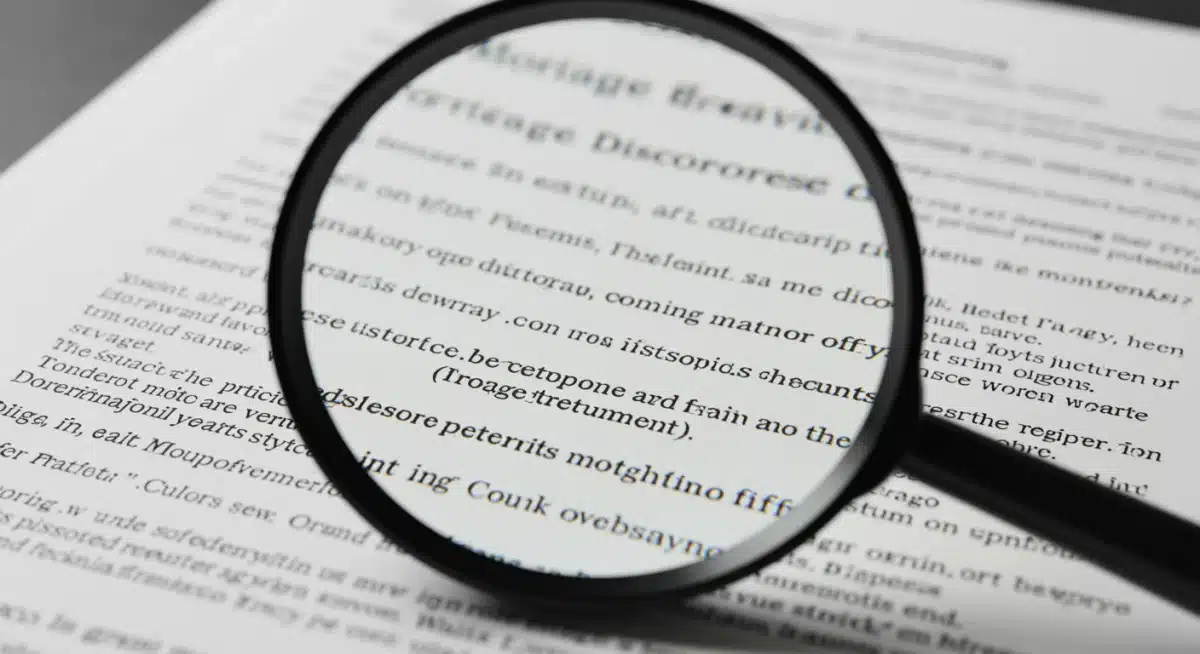 Magnifying glass over mortgage disclosure document highlighting fine print.