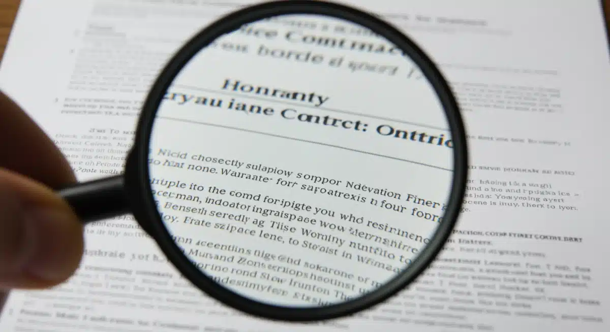 Magnifying glass examining a home warranty contract for detailed clauses and fine print.