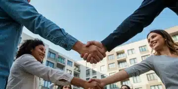 Diverse individuals shaking hands in front of an apartment building, symbolizing fair housing.