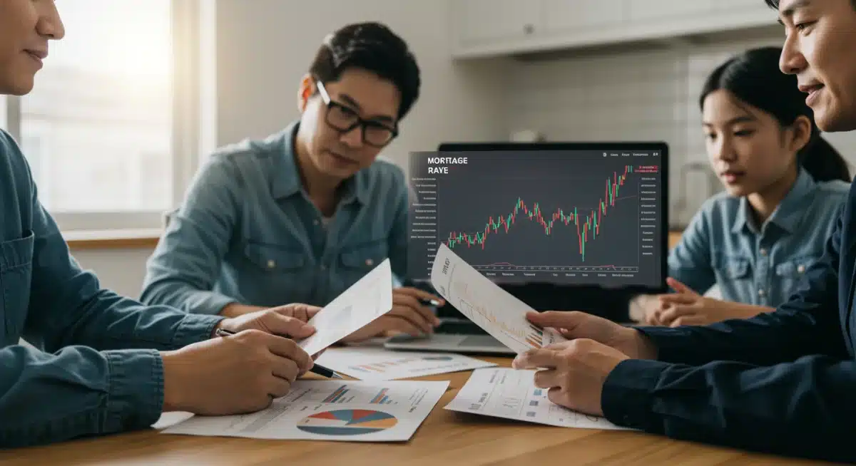 Family reviewing mortgage documents and financial projections at home, symbolizing careful planning amidst rate changes.