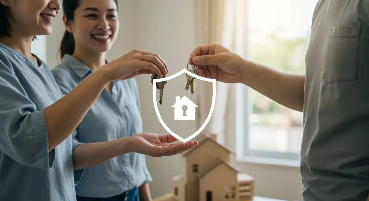 Family receiving new home keys, with a subtle shield icon symbolizing title insurance protection