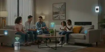 Family using smart home voice assistants in a modern living room