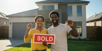Smiling couple holding house keys in front of their new suburban home with a 'Sold' sign, symbolizing successful homeownership through assistance programs.