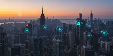 Futuristic skyline with digital overlays representing real estate technology integration