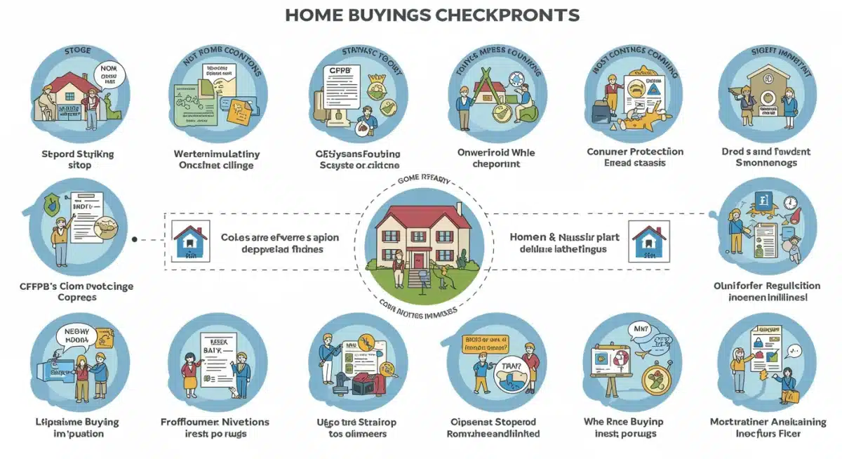 Infographic showing home buying process with CFPB consumer protection checkpoints.