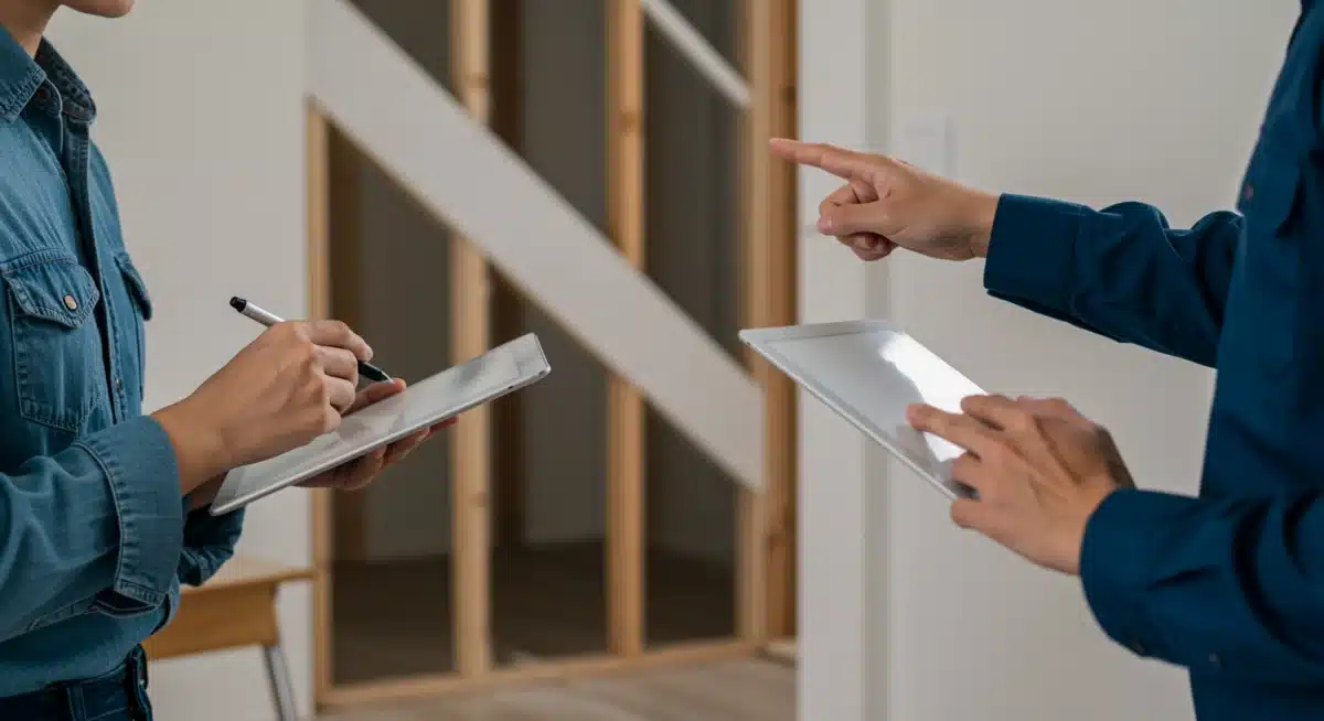 Homeowner and professional inspector examining a structural issue during a property inspection.