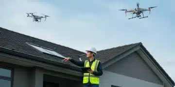 Professional home inspector on roof with drone, modern house