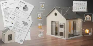 Modern house with systems highlighted, overlaid with regulatory documents for 2025 home warranty changes.