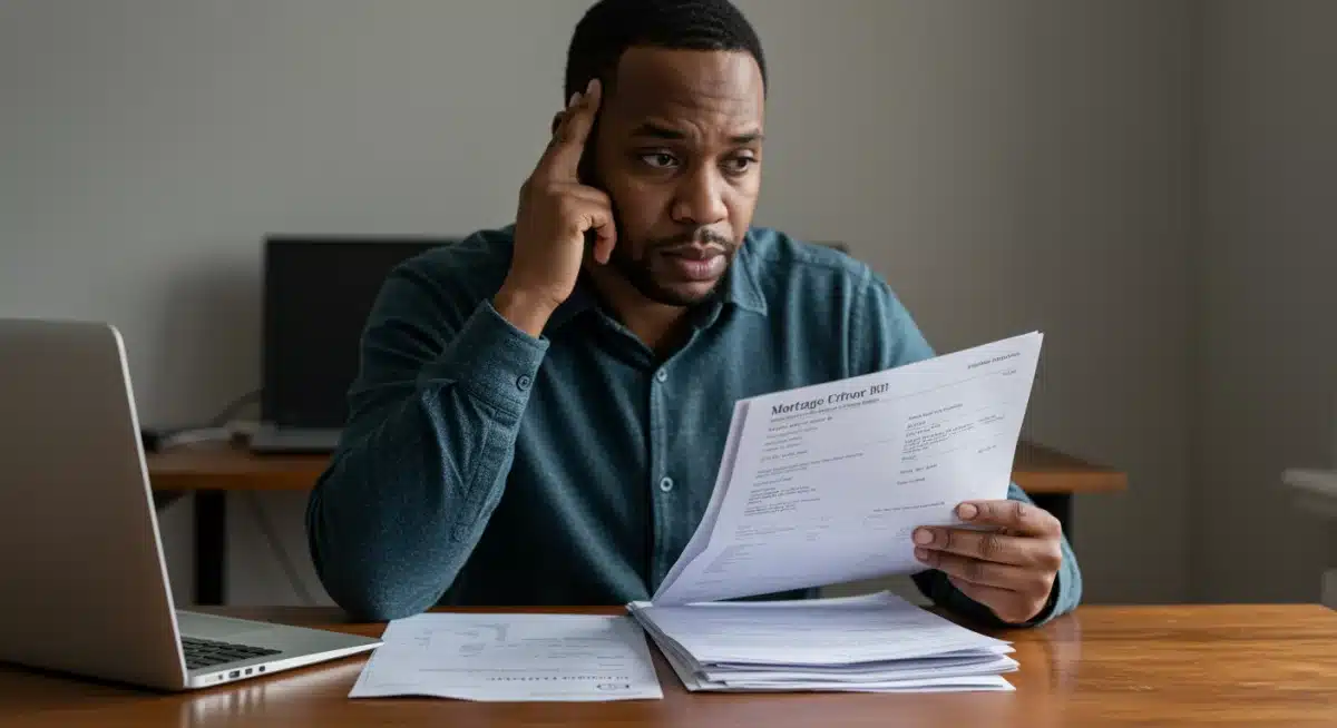 Concerned homeowner reviewing mortgage statements, indicative of a servicing error issue.