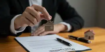 Hand holding house key over escrow documents