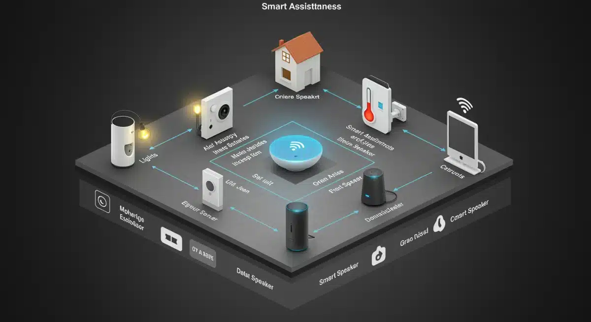 Diagram showing interconnected smart home devices and voice assistant