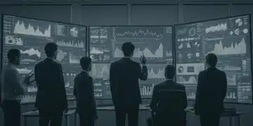 Investors analyzing volatile market data on screens, adapting investment strategy