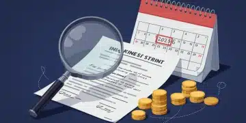 Magnifying glass scrutinizing a real estate contract with '2025' on a calendar, symbolizing avoiding hidden fees.