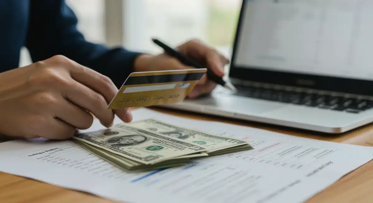 Hand holding credit card over bills and budget spreadsheet, symbolizing debt management.