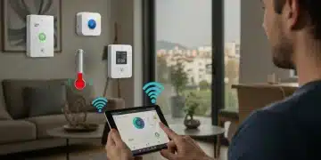 Modern smart home interior with integrated devices and a user controlling them.