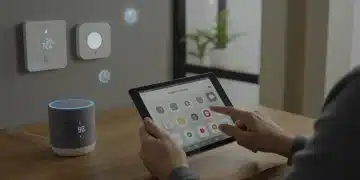 Modern living room with smart home devices and a person interacting with a smart home control tablet.