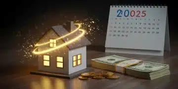 Home with financial benefits overlay, calendar 2025, and money representing mortgage interest deduction