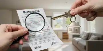 Hand with house key examining mortgage document with interest rates for 2025